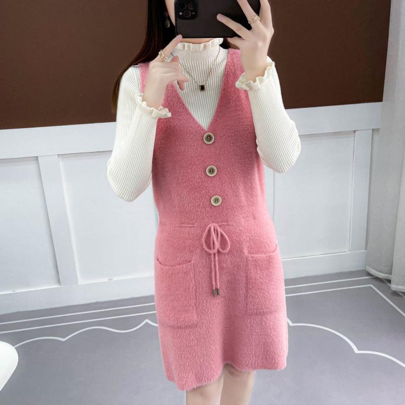 Faux Mink Knitted Waistcoat Spring and Autumn Mohair V-neck Vest Knitting Versatile Sleeveless Mid-length Casual Women's Dress