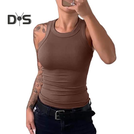 Women Vest Round Neck Sleeveless Elastic Slim Fit Tops Solid Color Sport Camisole Summer Gym Fitness Tops