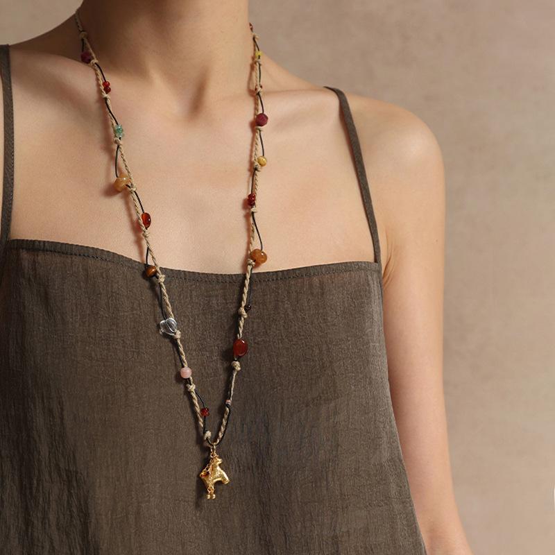 Minar Cartoon Colorful Natural Stone Pony Pendant Necklace Woven Rope Horse Collarbone Double Layers Metallic Chain Choker