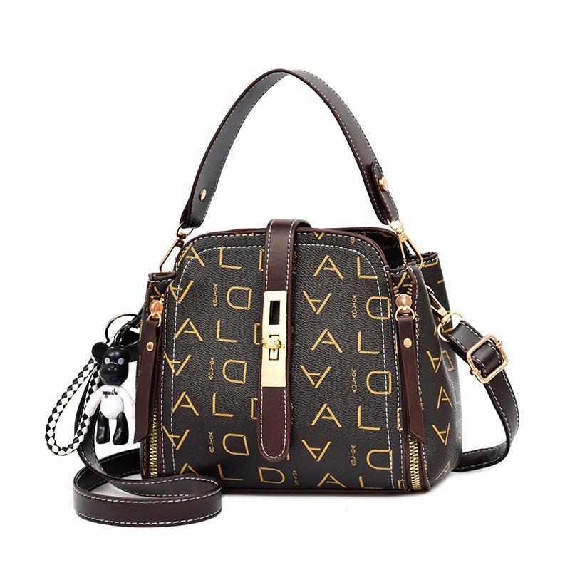 Borsa a secchiello da donna con stampa monogramma, tracolla, borsa a mano vintage con chiusura dorata, tracolla regolabile