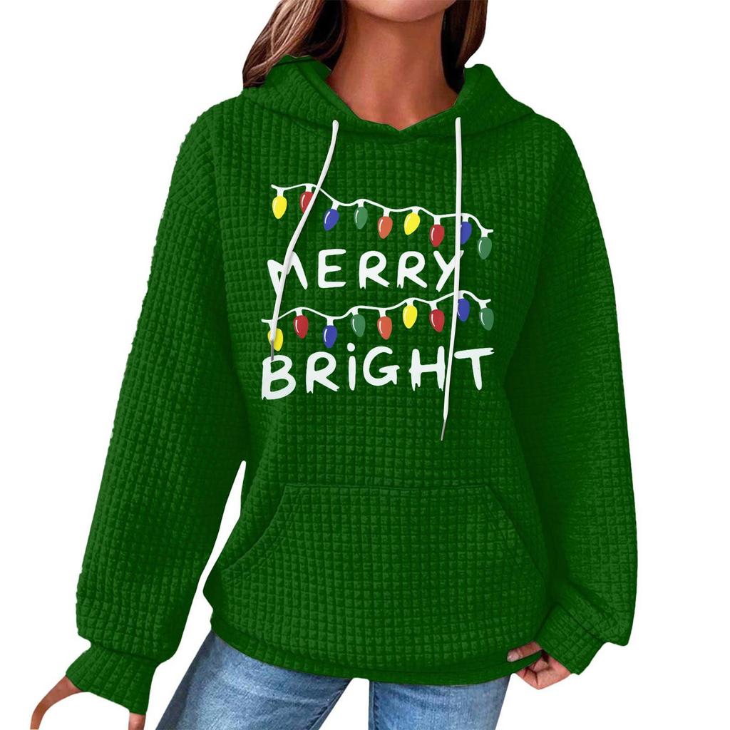 Women's Fashion Loose Hooded Pullover Long Sleeve Plaid Sweatshirt With Drawstring, Drop Shoulder, Pocket, Christmas Print Top