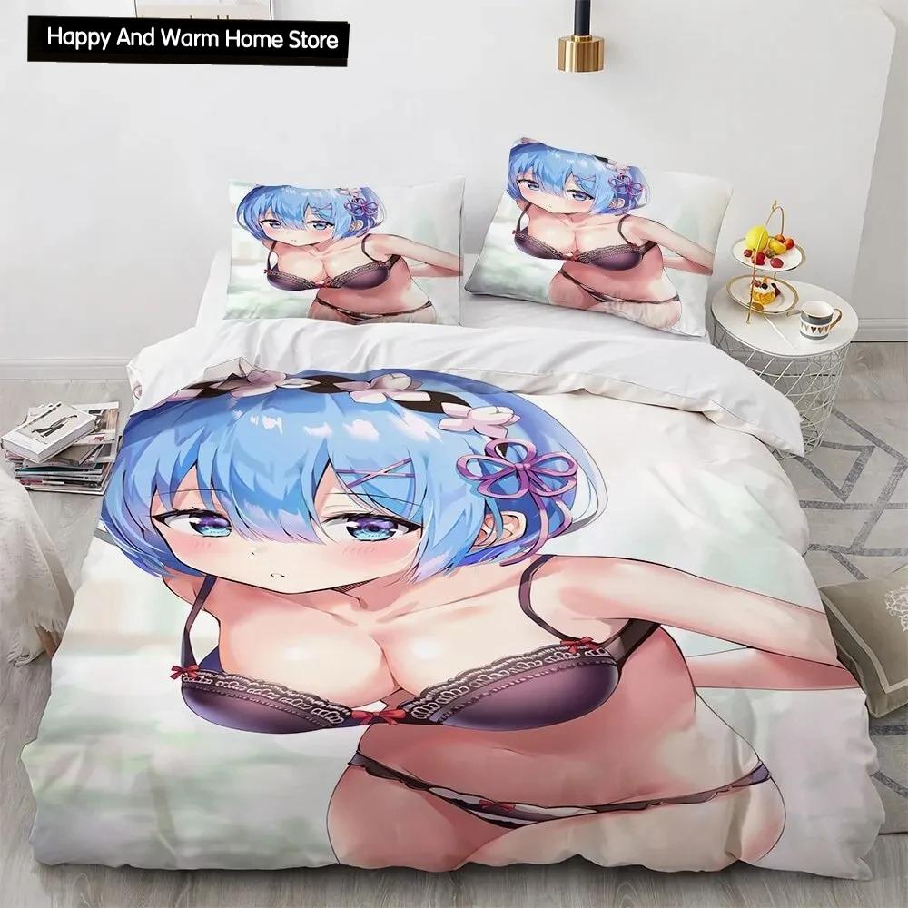 Set de lenjerie de pat pentru fete Kawaii Anime sexy, cuvertură de pilotă Set pat cuvertură husă de pilota pentru fată de pernă, King Queen Twin Size Băieți Fete Adulti