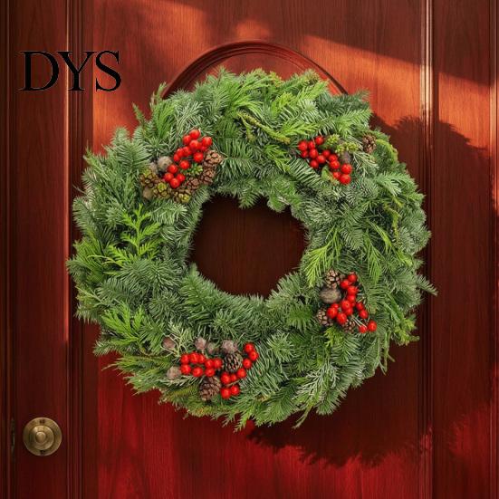 Indoor Outdoor Seasonal Ornament Christmas Garland Wall Sticker, Pine And Cypress Branch Decal with Red Berries & Peel Stick Cones, Xmas Wreath