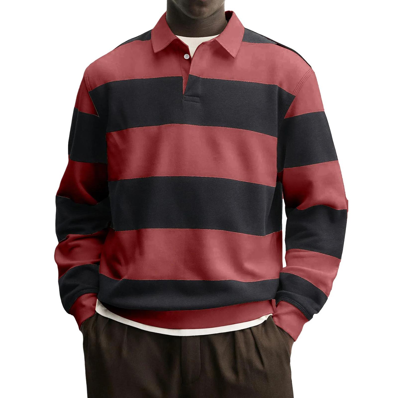 

Men s Casual Fashionable Loose And Comfortable Striped Printed T-shirt With Lapel And Long Sleeved Top XXL червоний