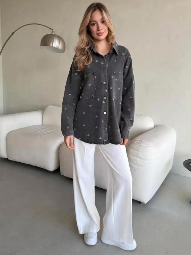 2025 European & American Style Plus Size Women's Retro Heart Print Denim Shirt Jacket