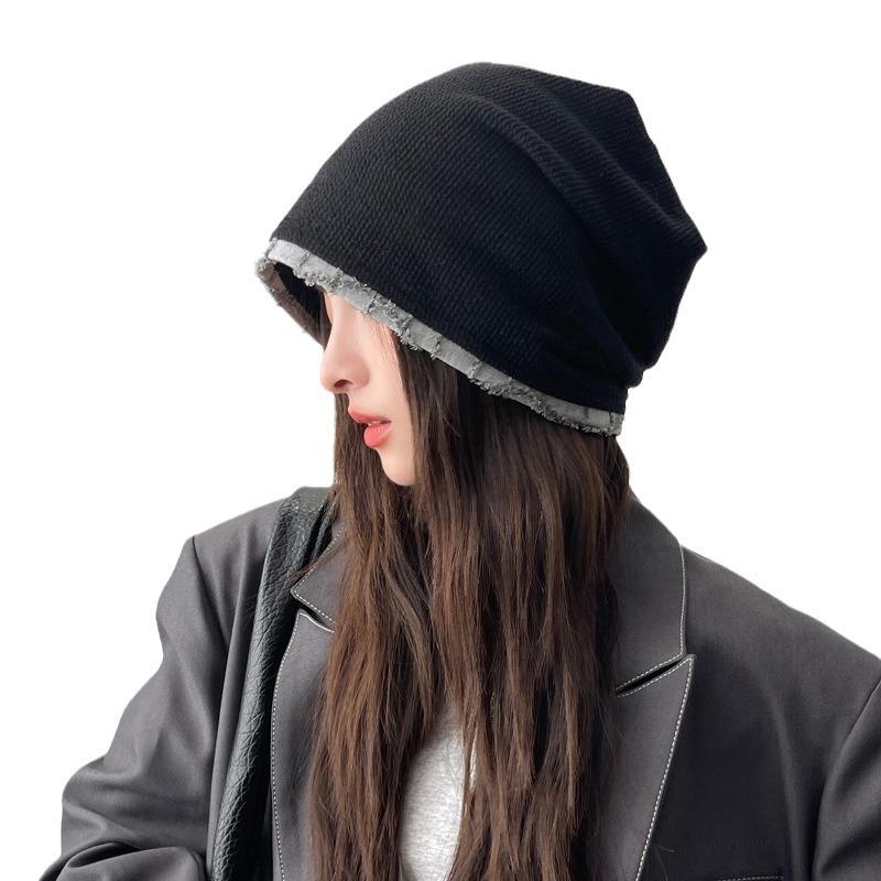 Hut Damen Einfarbig Vielseitig Studenten Stulpenmütze Frühherbst Dünn Großer Kopfumfang Baotou-Mütze Kalte Mütze