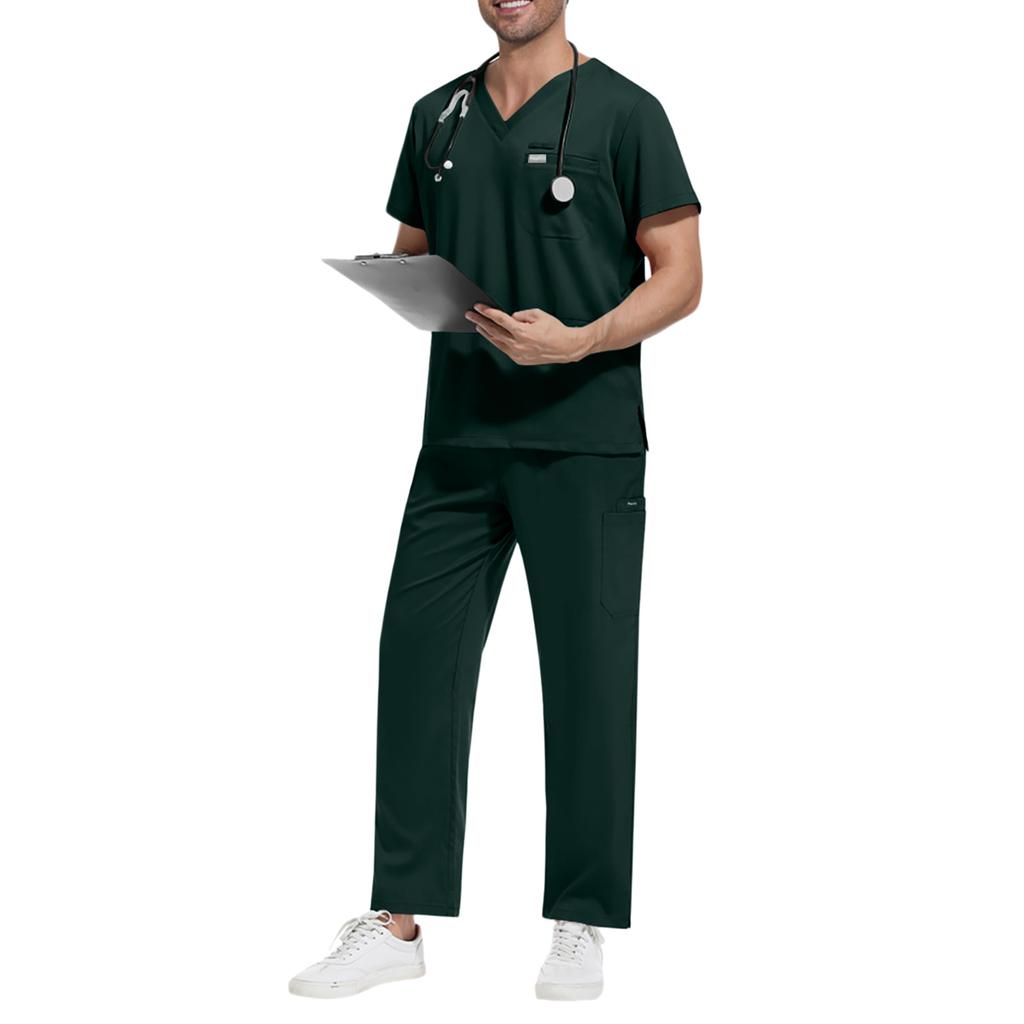 Men's Loose And Comfortable V-neck Short Sleeved Workwear With Tie Up Top And Waist Cinching Beauty Suit Set