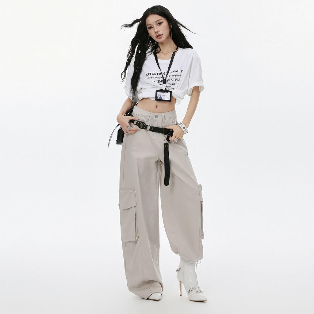 Spring Summer Paris Gray Cool Street Cargo Relaxed Hide Fat Saber Cut Wide Leg Trendy Denim Pants Women Casual Pants Oversize Denim Trousers