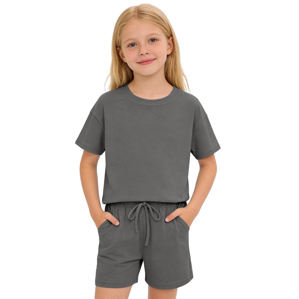 Kids Solid Color Shorts Set Drawstring Waist Pockets Crew Neck T-Shirt Casual Summer Outfit for Boys and Girls