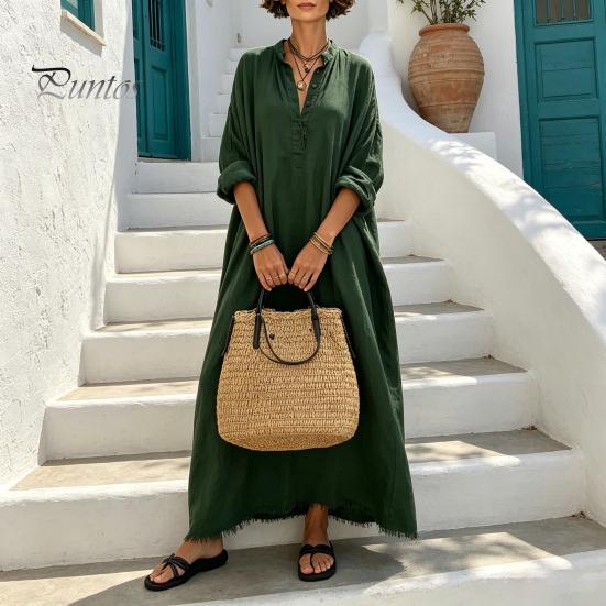 Casual Dress Summer Maxi for Women, V-Neck Oversized Boho Long Elegant Dress, Sleeve Button Up Vacation Sundress with Pockets Soft Fabric