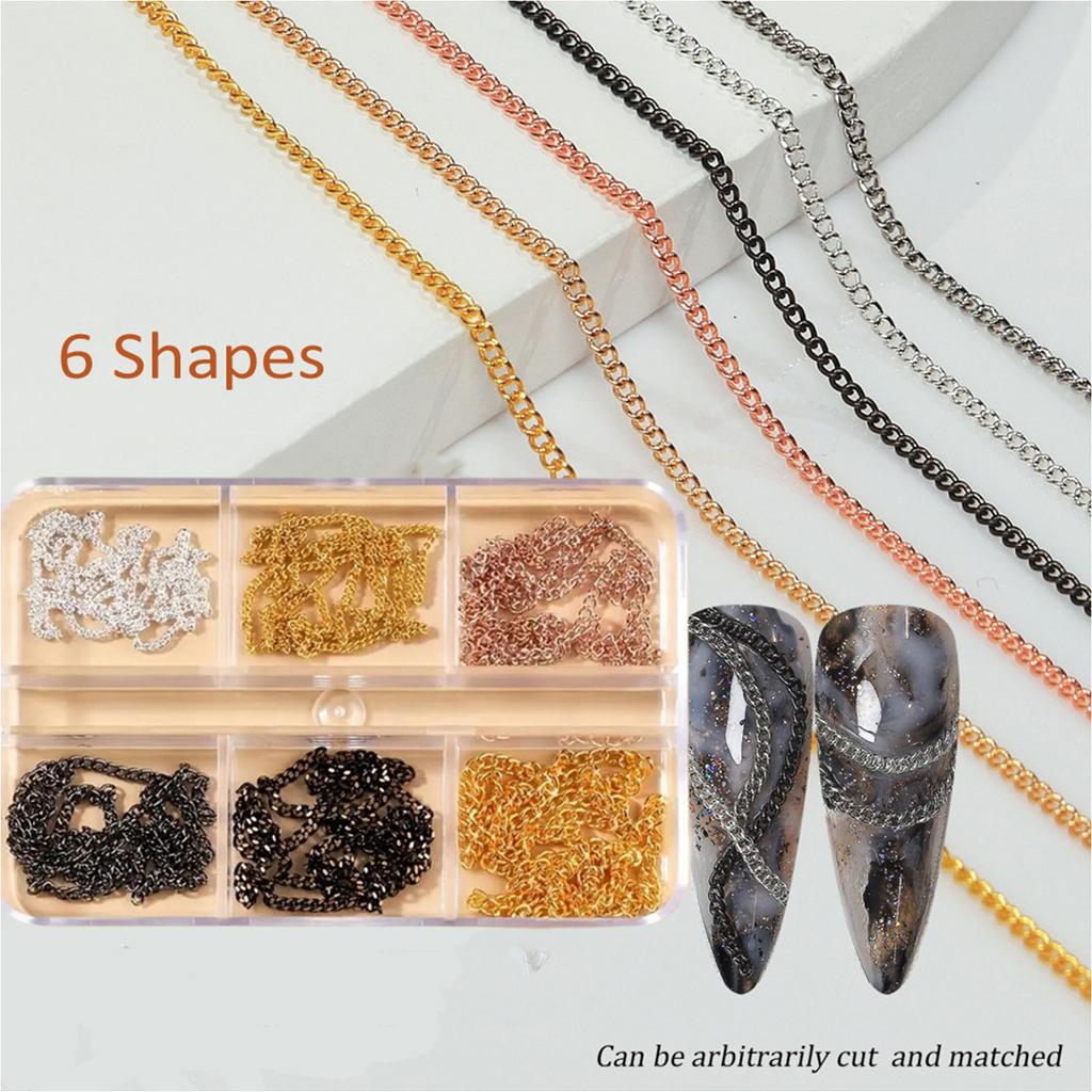 6 Grids Rock Style Nail Art Chains Mixed Metal Accents Classic Gothic DIY Nail Jewelry Accessories