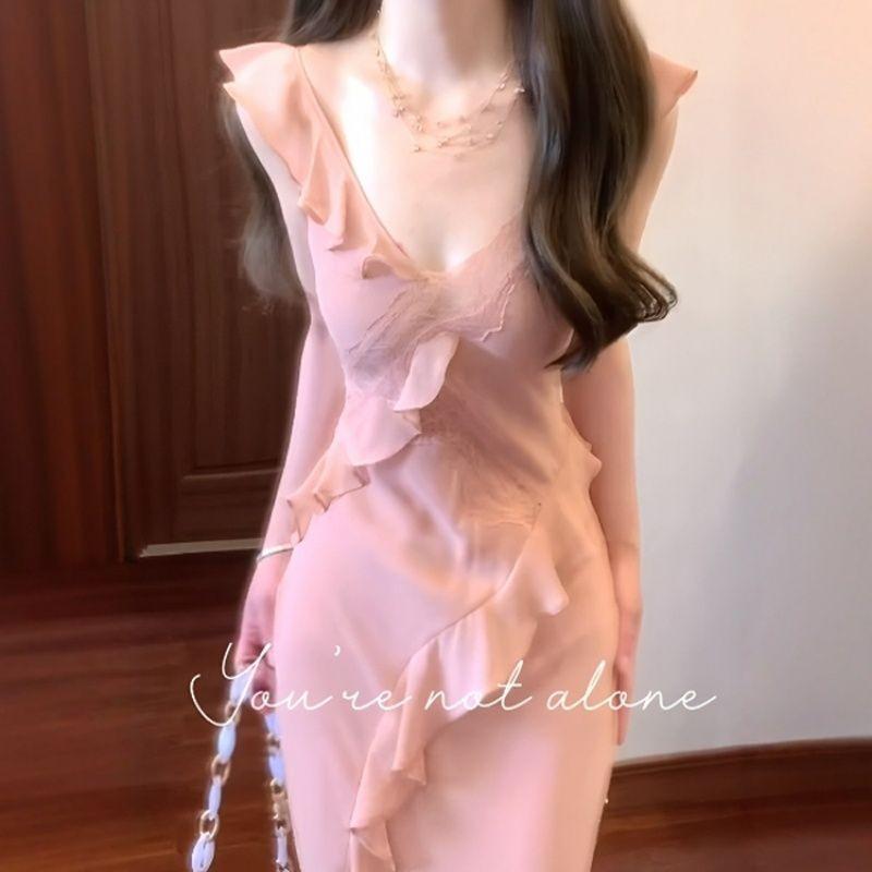 Pink Halter Neck Ruffle Maxi Dress Sleeveless Split Hem Elegant Party Dress for Women