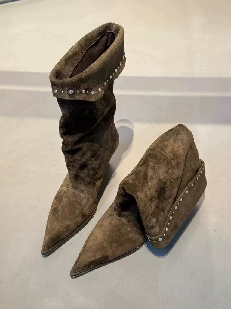 Sheepskin Version Pointed Toe Heel Temperament Suede Stacking Boots Women's Rivets Korean Height-increasing and Thin Boots Retro Western Boots