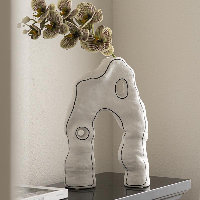 White Ceramic Vase Abstract Ornaments with Irregular Geometric Lines Flower Vase Flower Arrangement Accessories Home Decoration