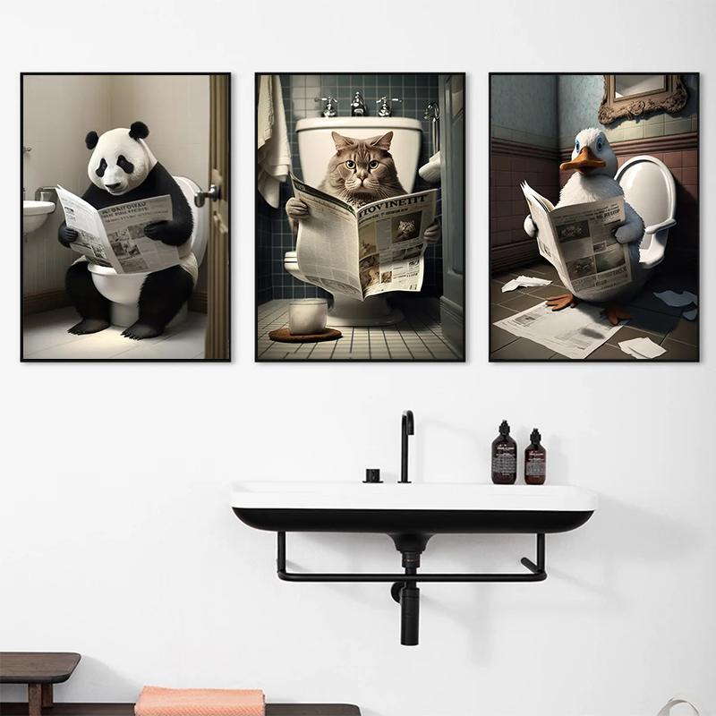 Engraçado Banheiro Animal Humorístico Urso Cachorro Tigre Sentado no Vaso Sanitário Lendo Jornal Pintura em Tela Pôsteres e Impressões Arte de Parede