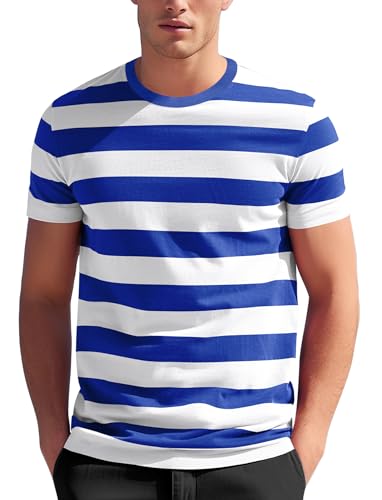 Zengjo Men's Striped T-Shirt (Blue and White, Thick, Size S)