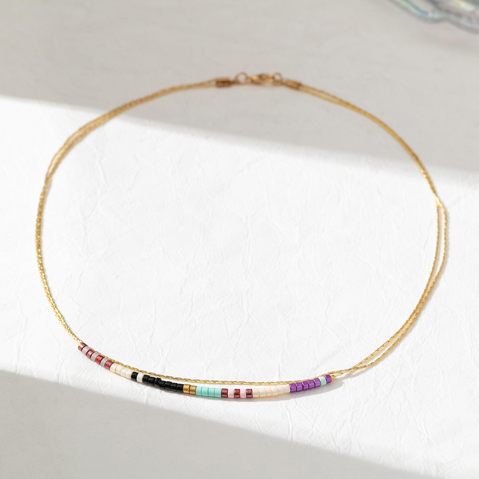 

Boho Style Glass Beaded Bar Necklace Golden Thin Chain Adjustable Choker for Daily Wear