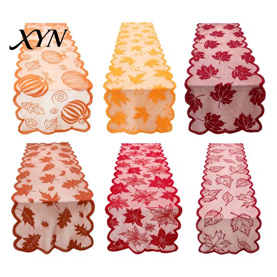 Fall Harvest Table Decor Runner Decorations, Maples Leaves Lace Orange Seasonal Dining Room Tablecloth Runner, Autumn Thanksgiving Decorations