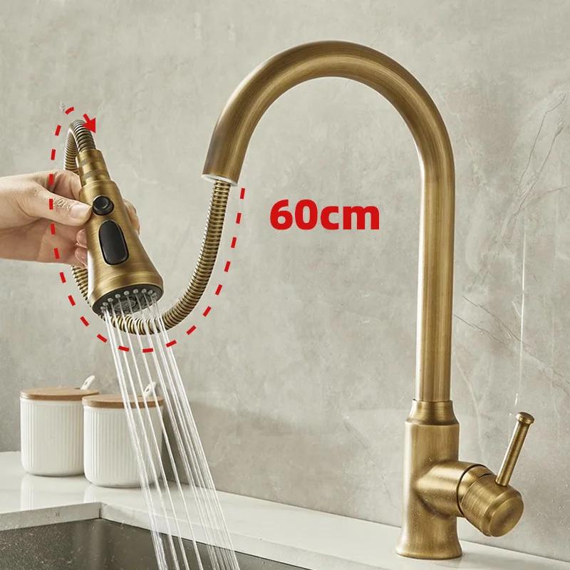 Antique Brass Kitchen Faucet Pull Out Spout Kitchen Faucets Black Single Hole Swivel Hot Cold Water Kitchen Mixer Tap Black