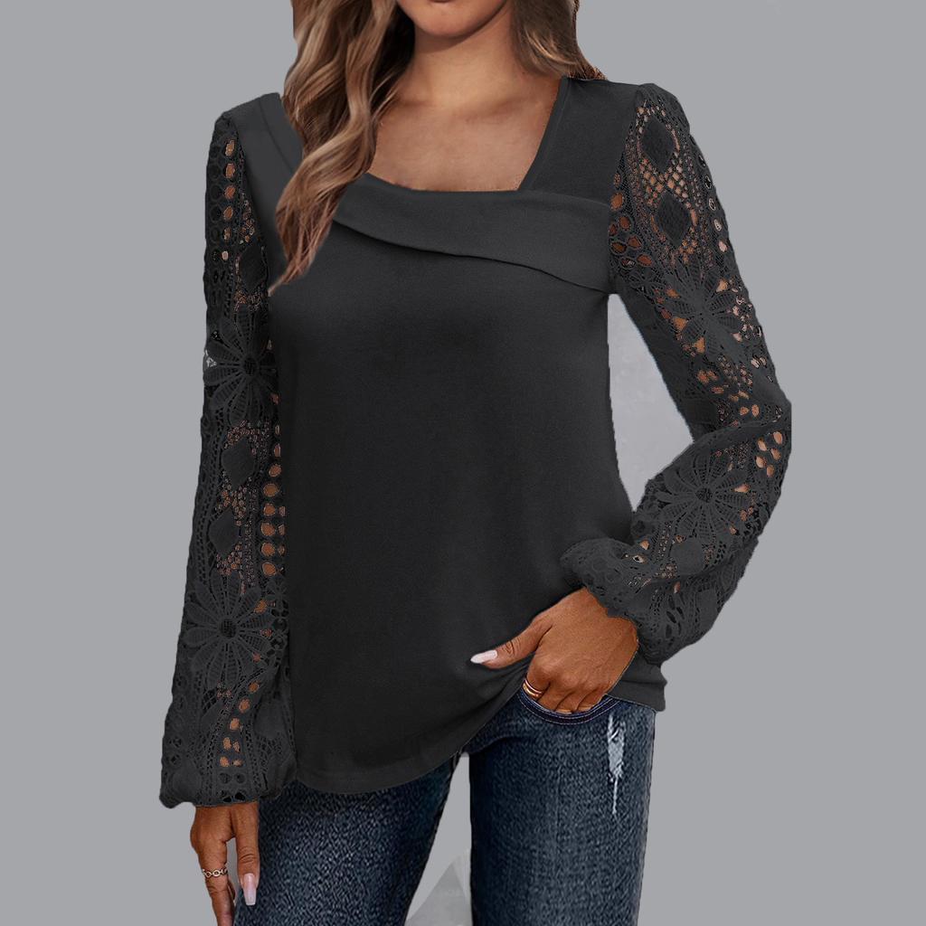 Slant Neck Solid Color Long Sleeved Lace Printed Women's Shirt Fashionable Elegant Office Urban Style Spring Top