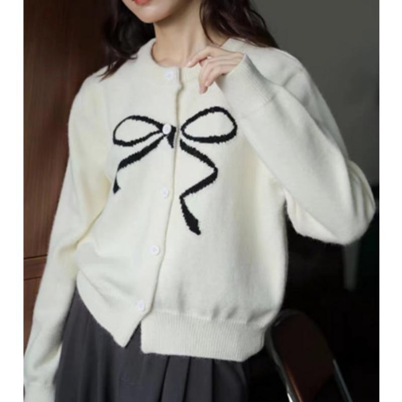 New Solid Color Sweet Age-reducing Bow Round Neck Jacquard Sweater Knitted Sweater Cardigan Jacket Women