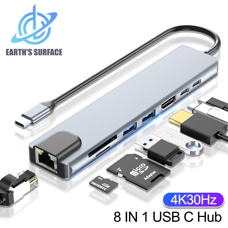 8-in-1 USB-C Hub Typ C Erweiterung HDMI-kompatibler Adapter Laptop-Konverter mit RJ45 SD-Kartenleser PD Schnelllader für Macbook