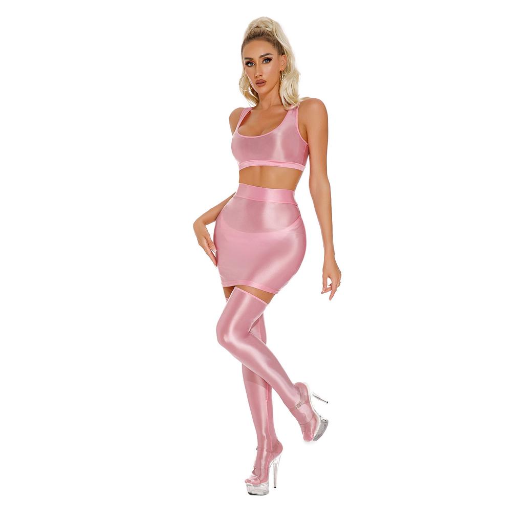 Womens Glossy Crop Top Skirt Set Sleeveless Racerback with Thigh High Stockings Partywear