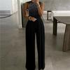 Sexy Slim Sleeveless Plus Size Loose Hollow Pleated Wide-leg Jumpsuit