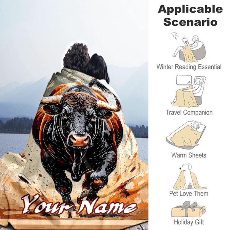 1PC Custom Name Bull Power Artwork Flannel Blanket Versatile,all-season Throw Suitable for the Living Room,bedroom,camping,travel,and Gift