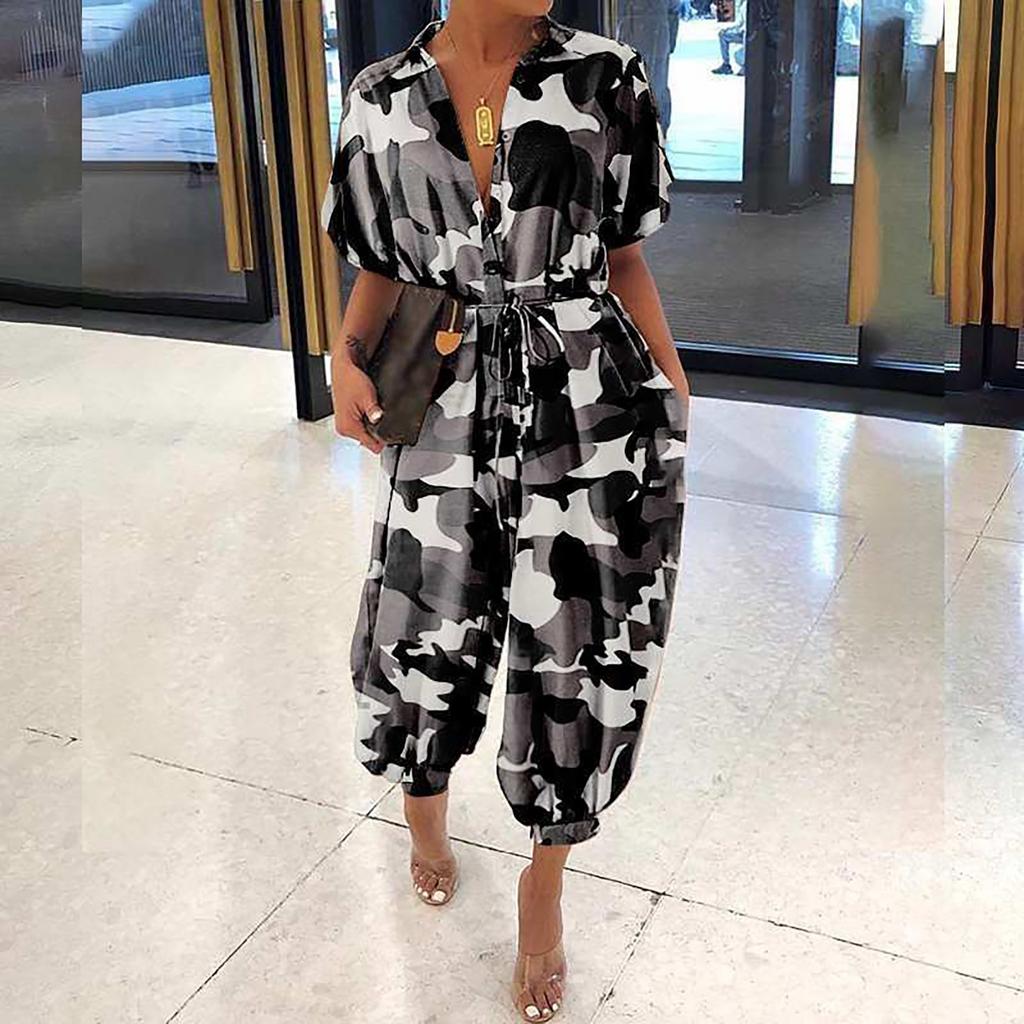 Leopard Jumpsuit Female Retro Female Short-Sleeved Button Casual Pants Loose