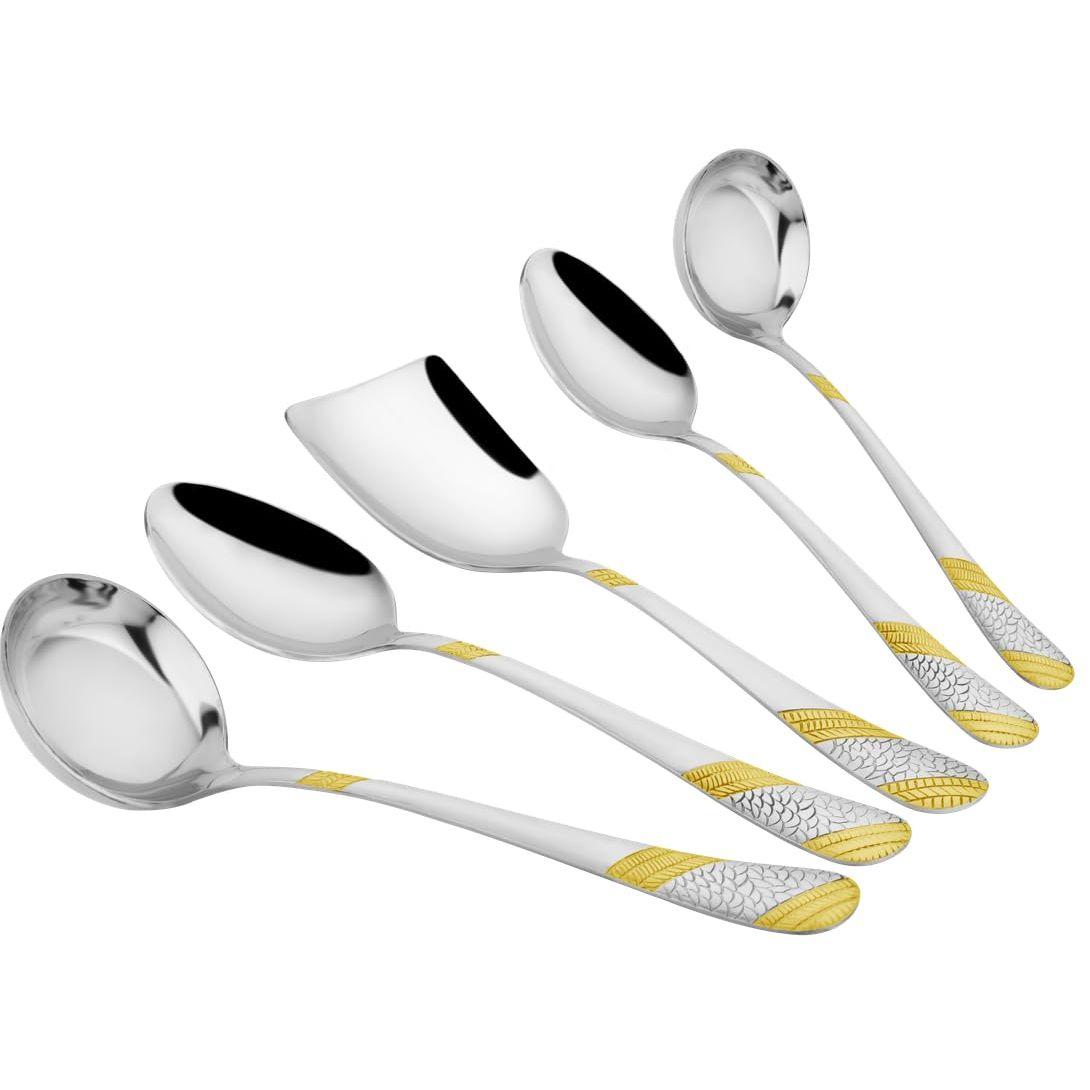 

Набор из 5 штук золотых сервировочных ложек из нержавеющей стали для обеденного стола/кухни, тяжелая толщина 1,8 мм