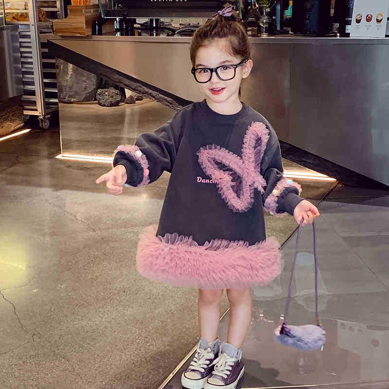 Autumn 2024 Casual Sweater Mesh Princess Dress for Little Girls