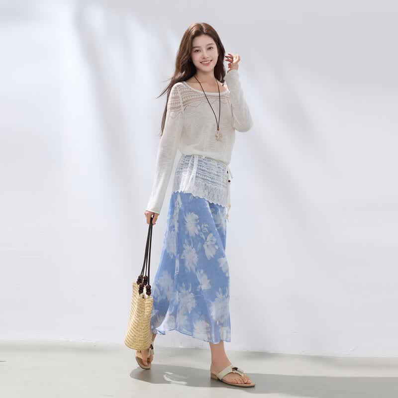 Sancai Women's Lyocell Blend Lace-Trim Hollow Knit Sweater