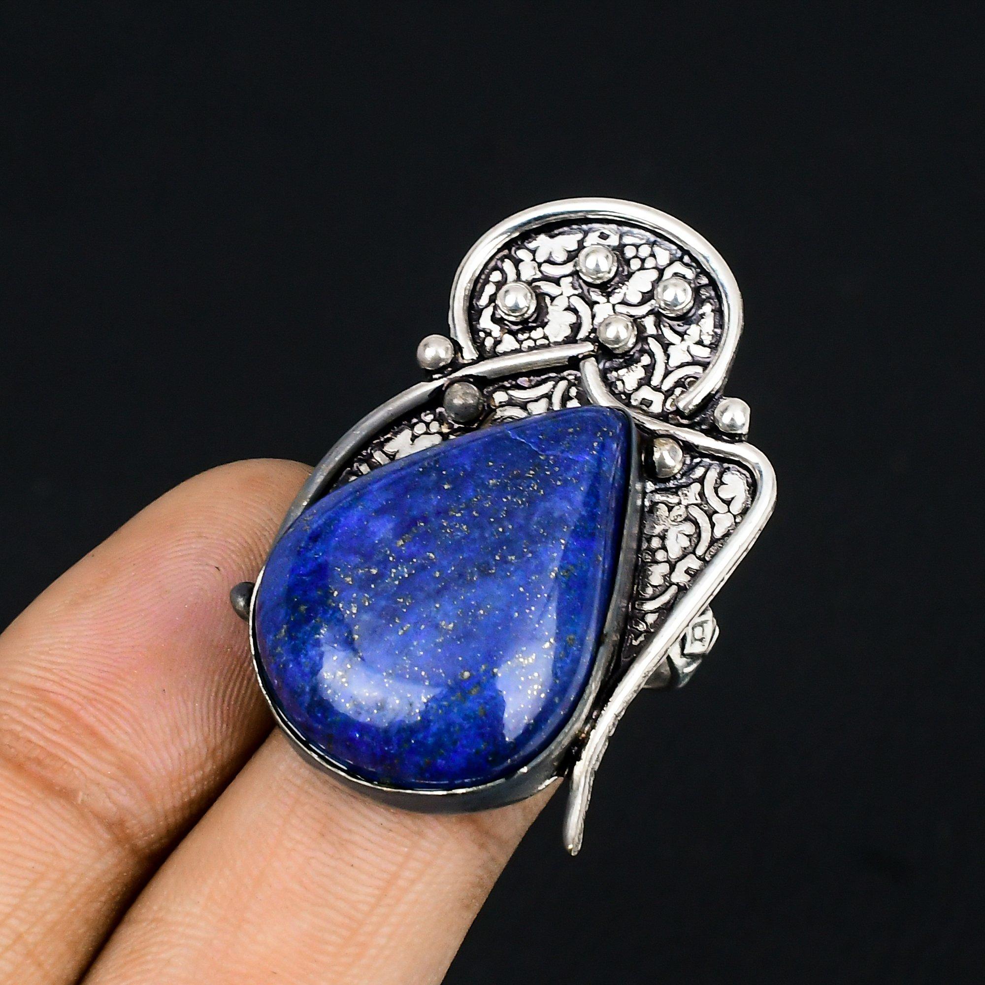 

Daughters Day Sale Pear Lapis Lazuli Gemstone 925 Silver Statement Ring Size 6.5 6.5