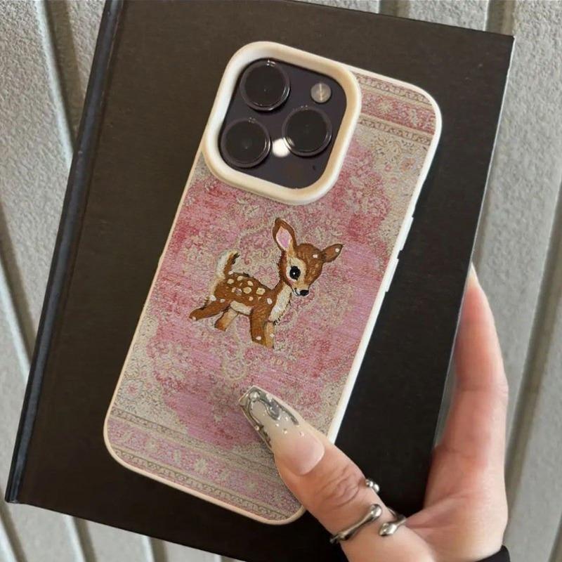 Vintage Ethnic Floral Deer Case For iPhone 17 16 15 14 13 12 11 Pro Max Lychee texture Texture Shockproof Cover iphone 14
