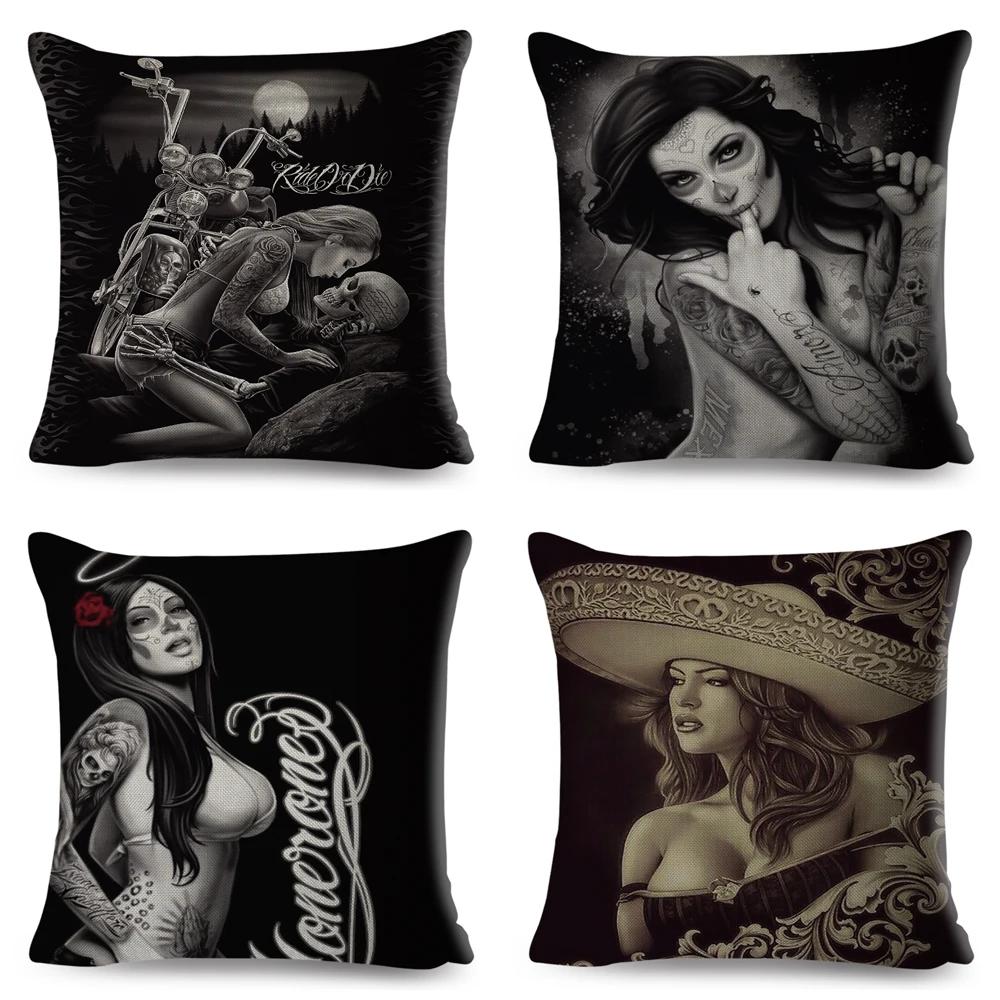Mexico Chicano Sexy Women Skull Pillow Case Decor Cartoon Printed Girls Cushion Cover for Sofa Home Car Polyester 45*45cm