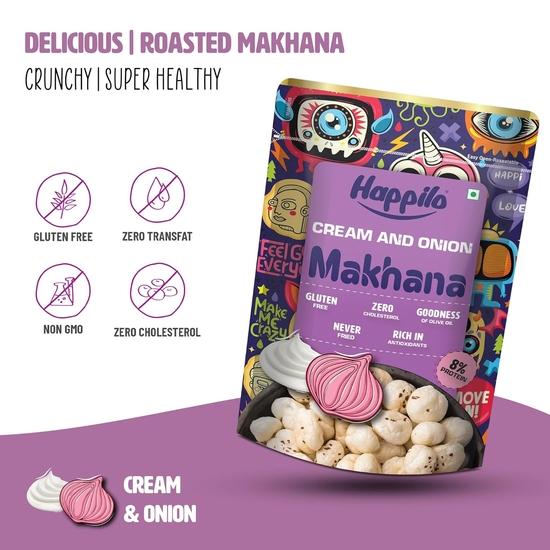 Happilo Premium Super Snack Makhana Smetana a Cibule 60g, Pražené Liščí Oříšky Zdravá Svačinka Nízkokalorické Bezlepkové a Veganské