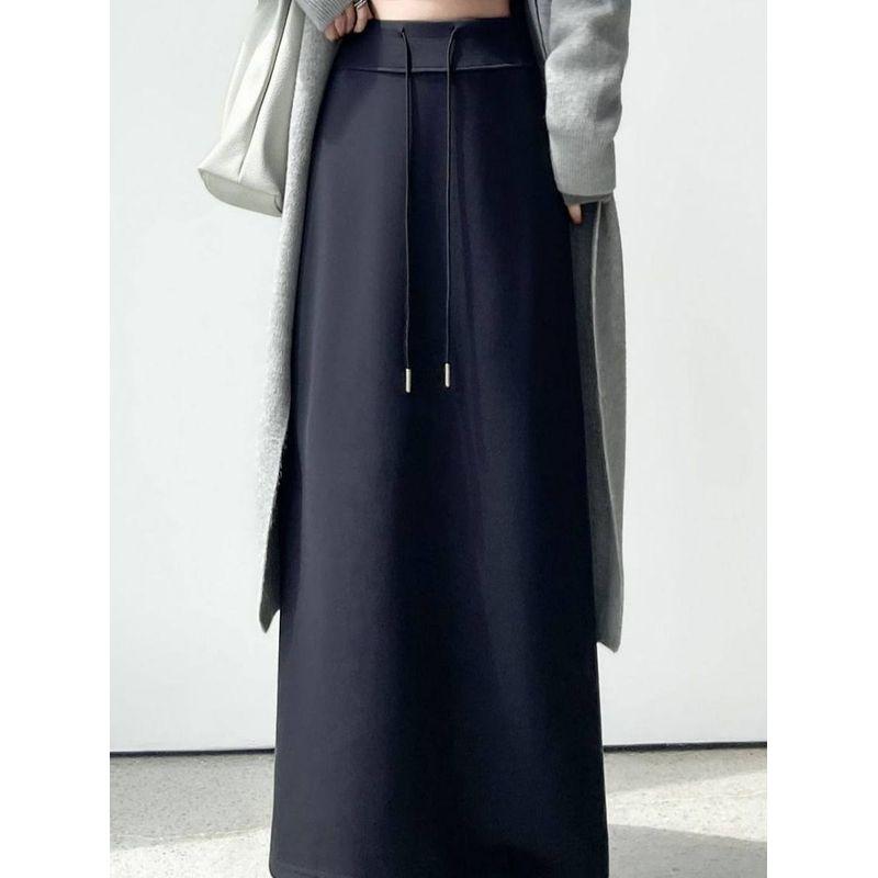 Gray Sports Skirt New Style High-Waisted Straight-Cut Slit Elastic Slimming Drape Drawstring Casual Long Skirt