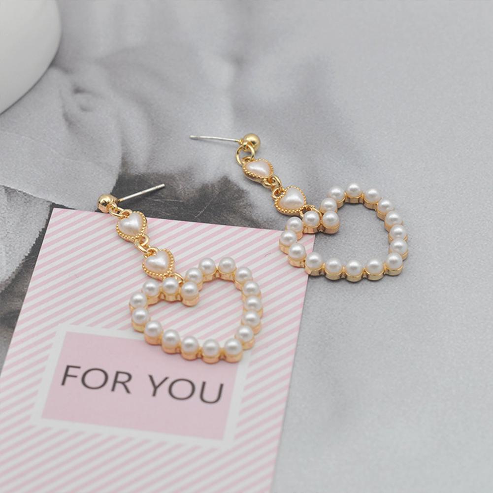 Women Cute Sweet Loving Heart Shape Long Style Pearl Earrings