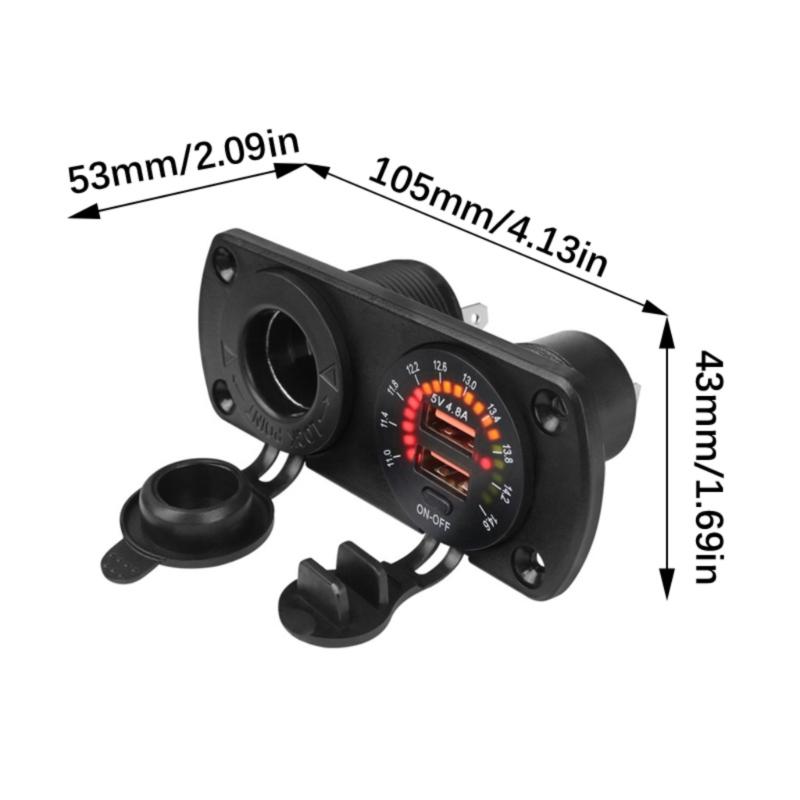 12-24V Double USB A 4.8A Fast Charging Marine Car Switches Panel with Voltage Display Waterproof Cover and Safety Protec