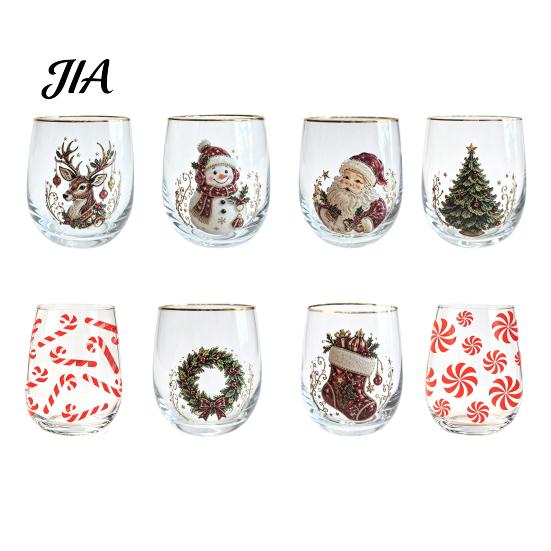 Decoración del Hogar Cristalería Vasos para Cócteles Navideños, Vaso con Diseño de Papá Noel Muñeco de Nieve Reno Árbol, 300ml Sin Plomo Cristalería para Mesa Festiva