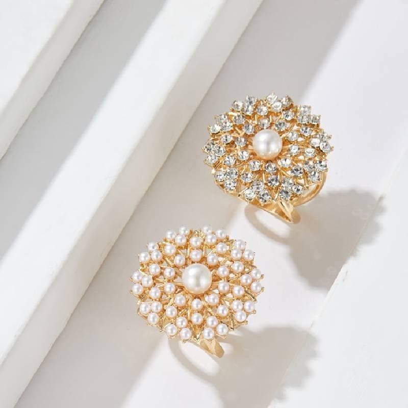 Trendy Pearl Studded Floral Scarf Ring Elegant Alloy Jewelry For Ladies