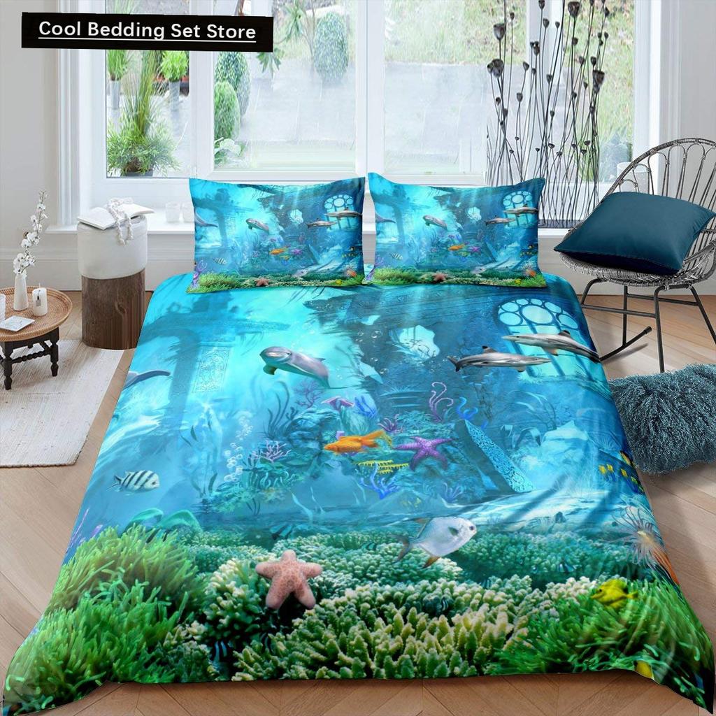 Kid Underwater World Oasis King Queen Duvet Cover Ocean Fish Coral Bedding Set Marine Life Quilt Cover Polyester Comforter Cover