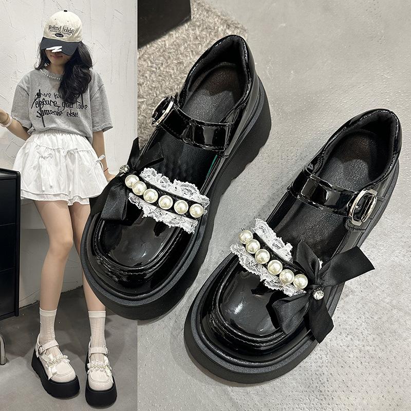 White Versatile Platform Small Leather Shoes Women's Bow Japanese Lolita Jk Shallow Mouth Mary Jane Shoes Buckle Loafers