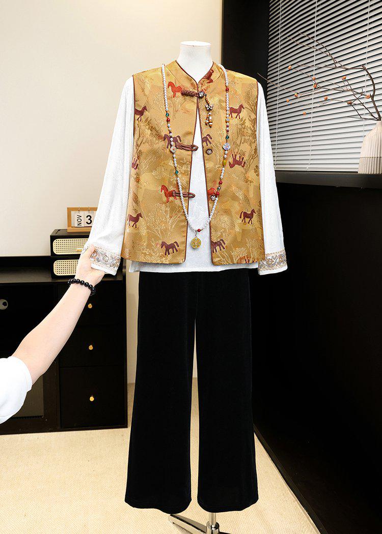 

New 2026 Gold Velvet Suit for Middle-aged & Elderly Women: 50s Style Spring & Autumn Vest Jacket XL (Up to 105 jin)