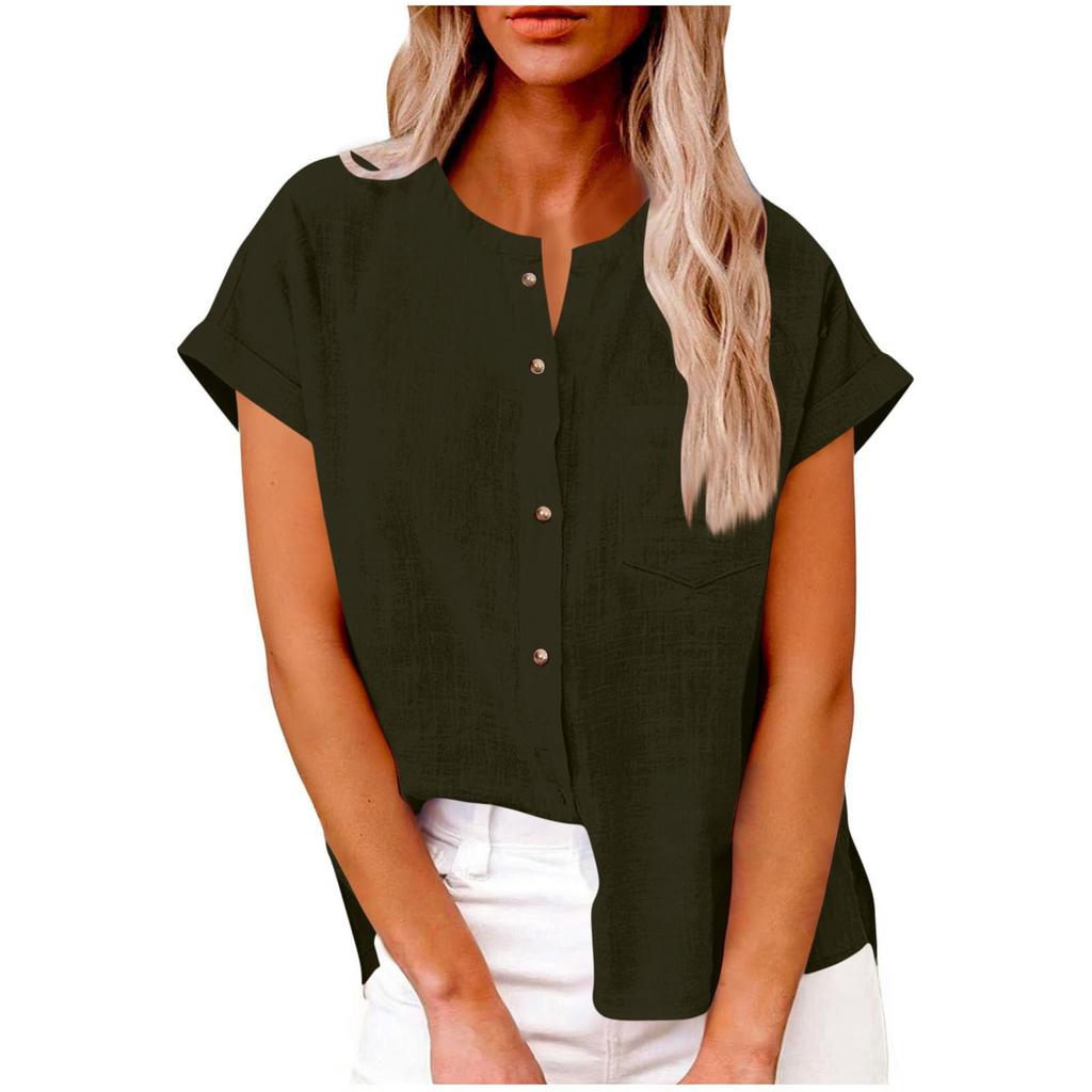 Women's Fashionable Loose-Fit Casual Shirt Button-Up Short-Sleeve Cotton-Linen Blend Top