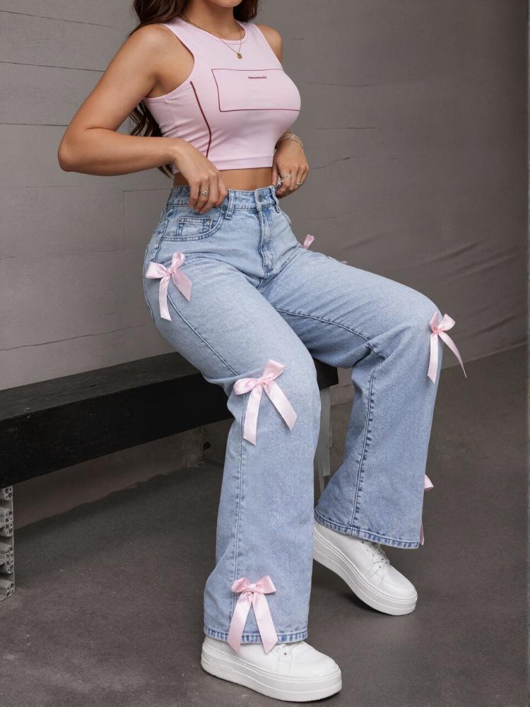 Y2K Elastic Straight Leg Bow Jeans - Women's American Spicy Girl Style, Loose Fit, Long Pants, Trendy INS Style
