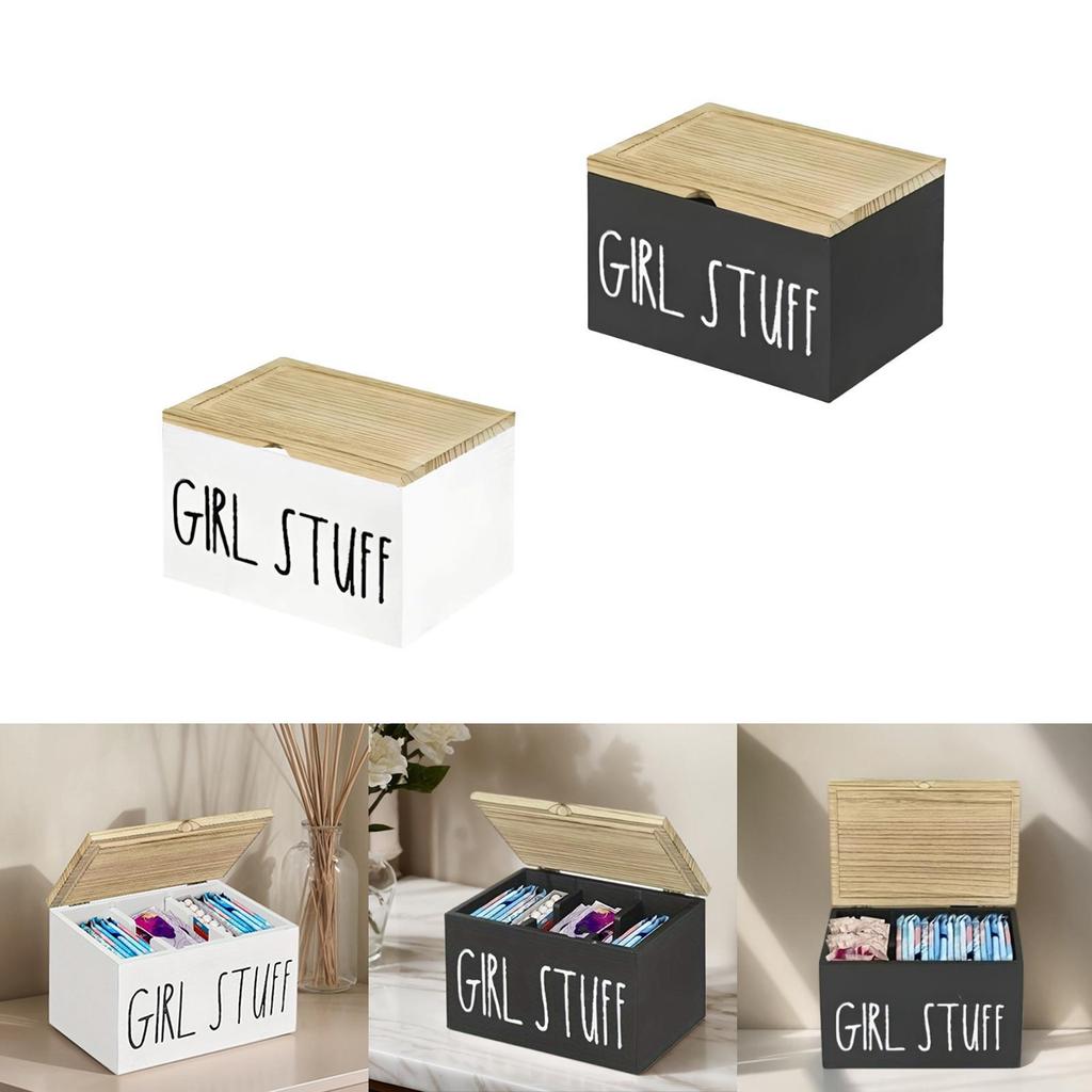 Tampon Holder for Bathroom with Hinged Lid Wood Farmhouse Decor Pad Storage