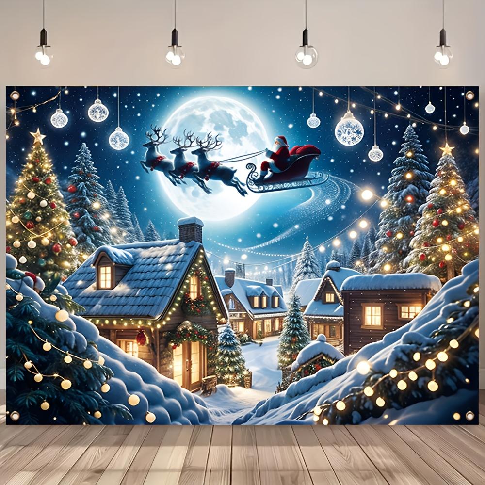 Christmas Village polyester background banner holiday wall decoration with Santa Claus Christmas tree and snow scene