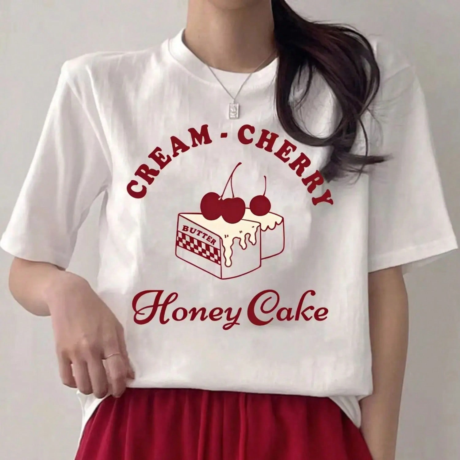 CREAM CHERRY HONEY CAKE T-Shirt Wounisex s Fashion Wounisex s Fashion Casual Letter Cherry Cake Pattern Short Sleeve S разноцветный